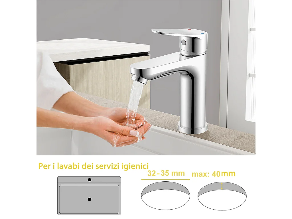 AICA ITALY Miscelatore per lavabo da bagno con flessibili acqua calda e fredda attaco G1/2" da 40cm, cromato