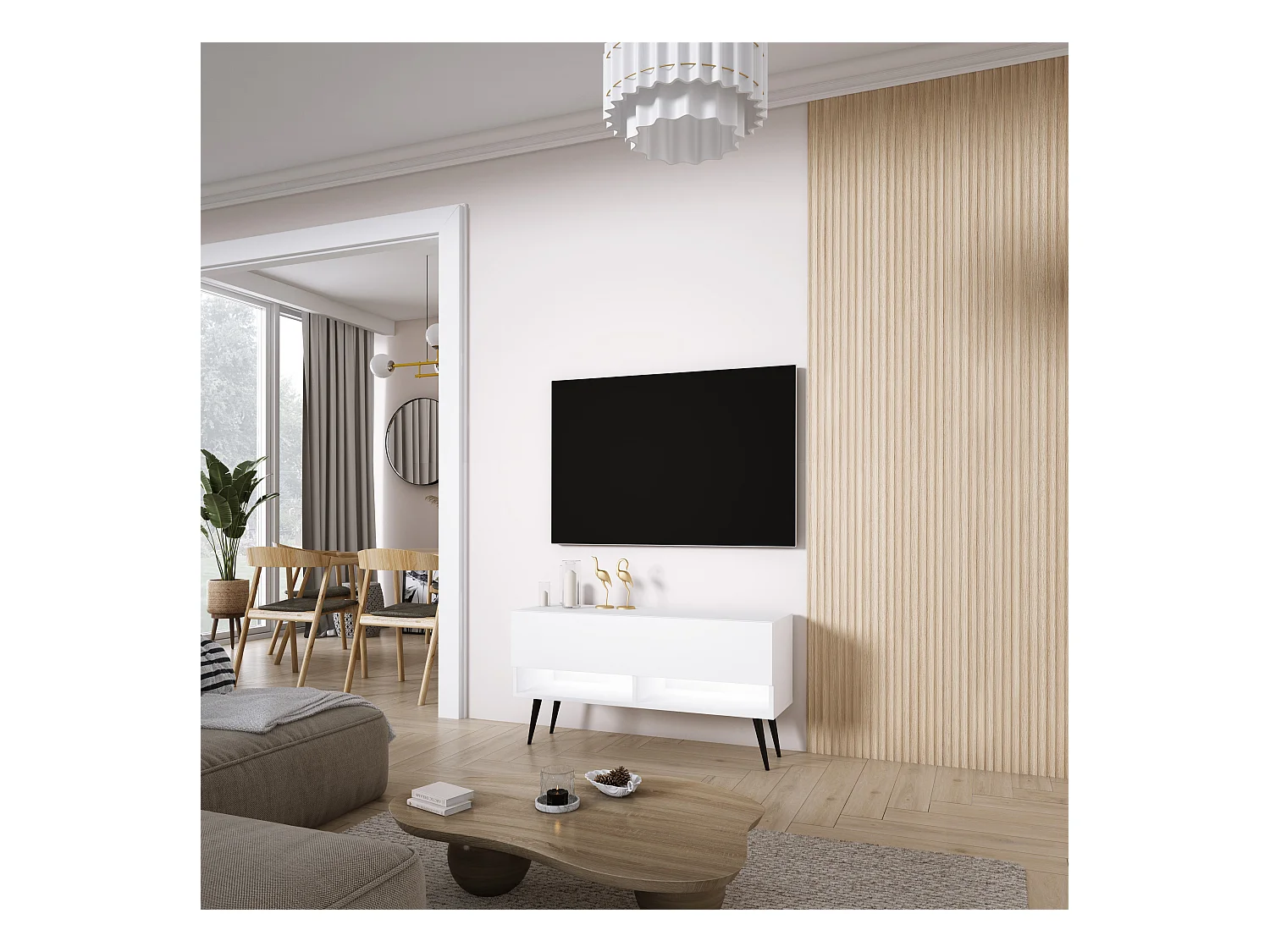 Meuble TV 100 cm Blanc Mat, pieds obliques noirs, LED blanche, 100 x 32 x 52 cm