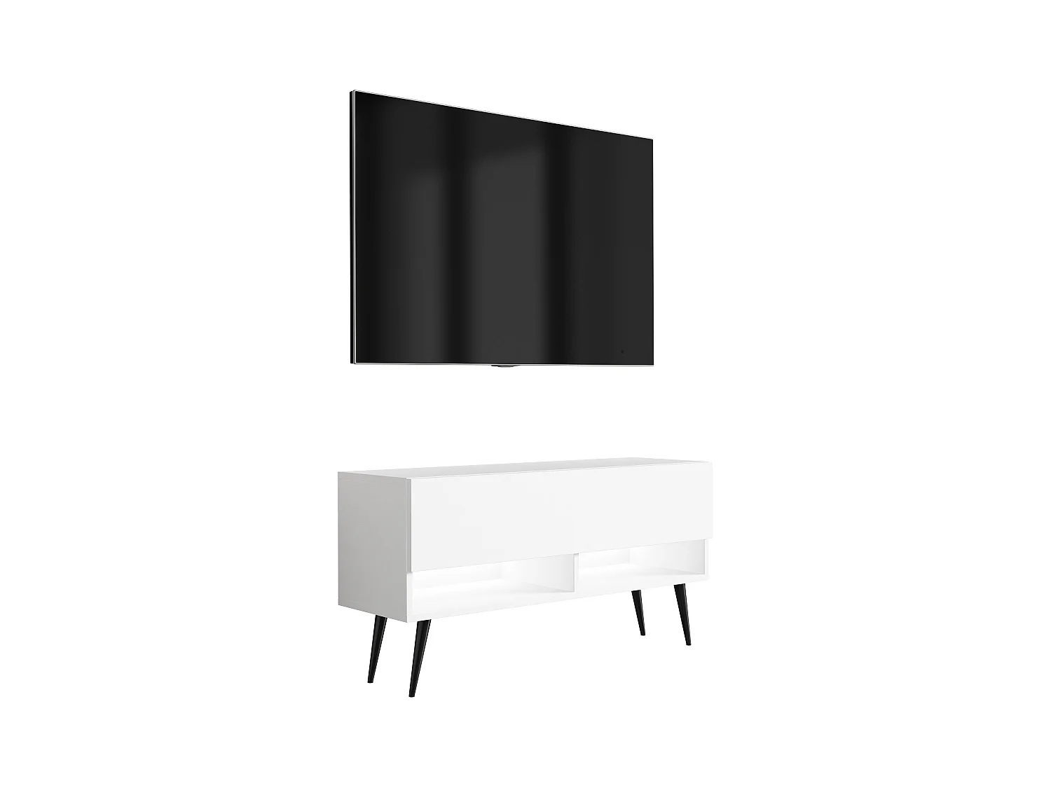 Meuble TV 100 cm Blanc Mat, pieds obliques noirs, LED blanche, 100 x 32 x 52 cm