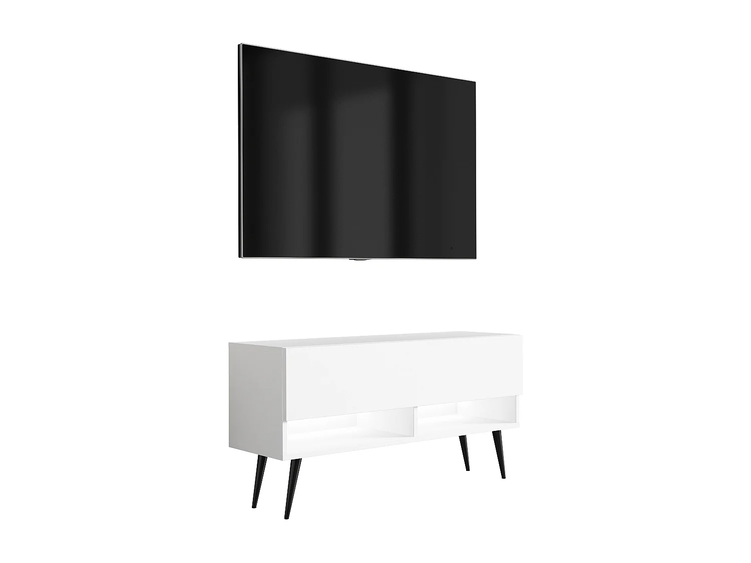 Meuble TV 100 cm Blanc Mat, pieds obliques noirs, LED blanche, 100 x 32 x 52 cm