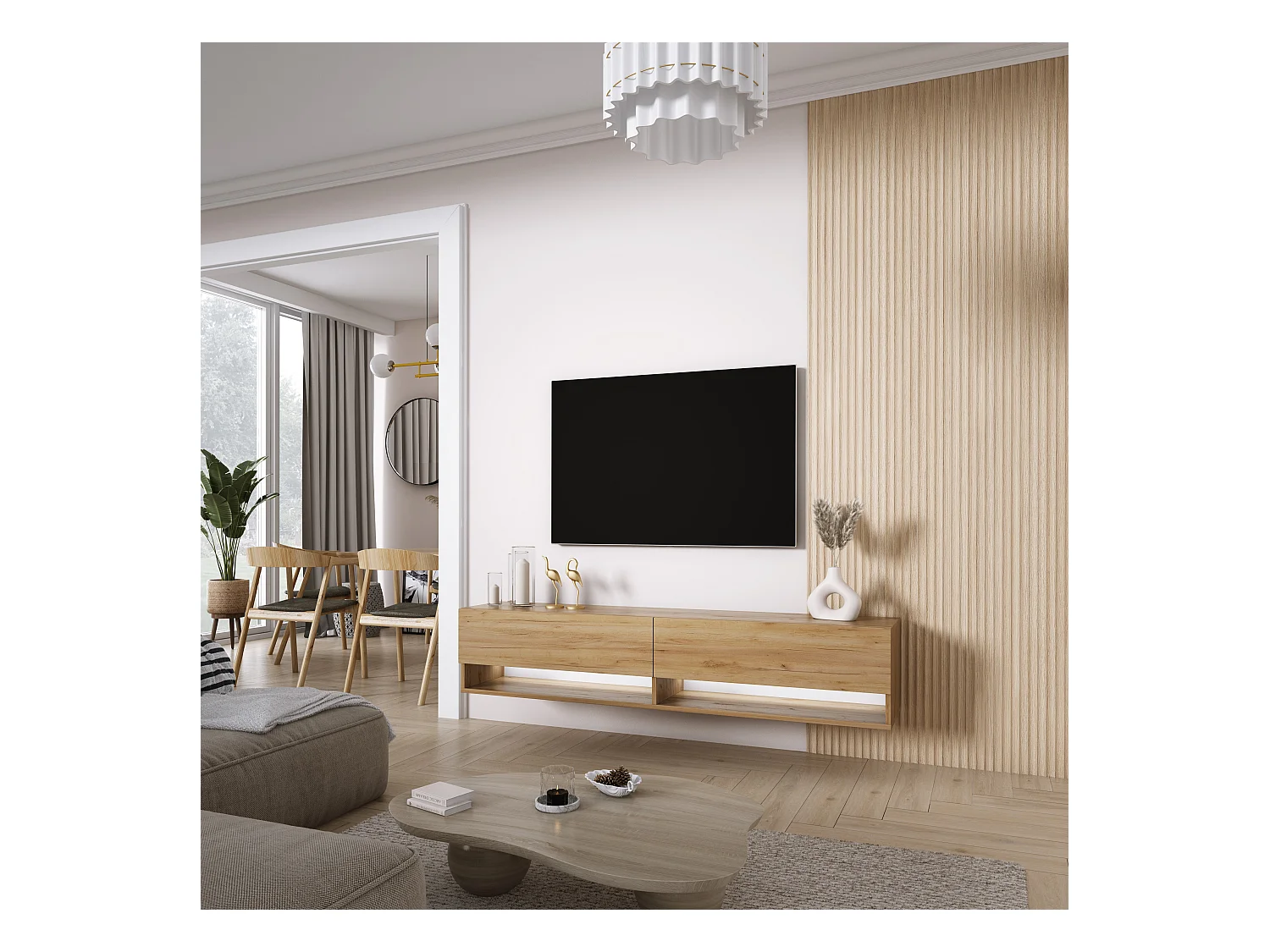 Meuble TV 170 cm Chêne Craft, LED blanc, 170 x 32 x 34 cm