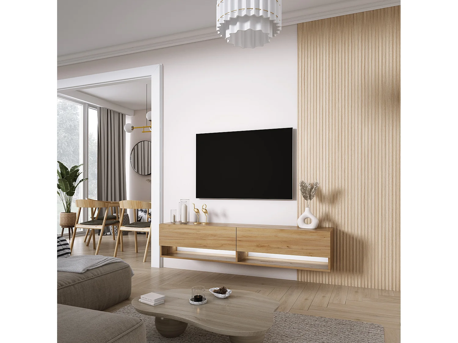 Meuble TV 170 cm Chêne Craft, LED blanc, 170 x 32 x 34 cm