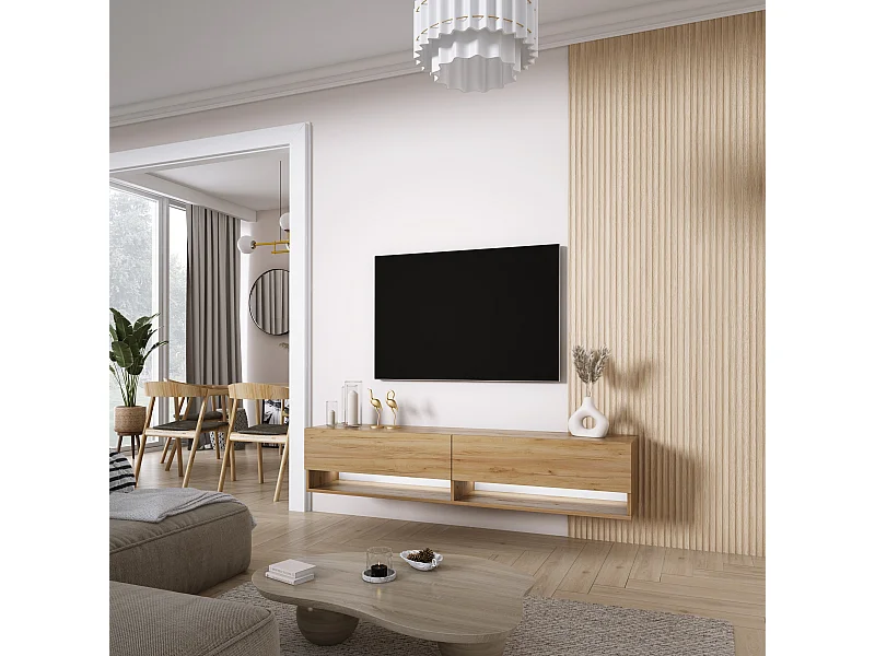 Meuble TV 170 cm Chêne Craft, LED blanc, 170 x 32 x 34 cm