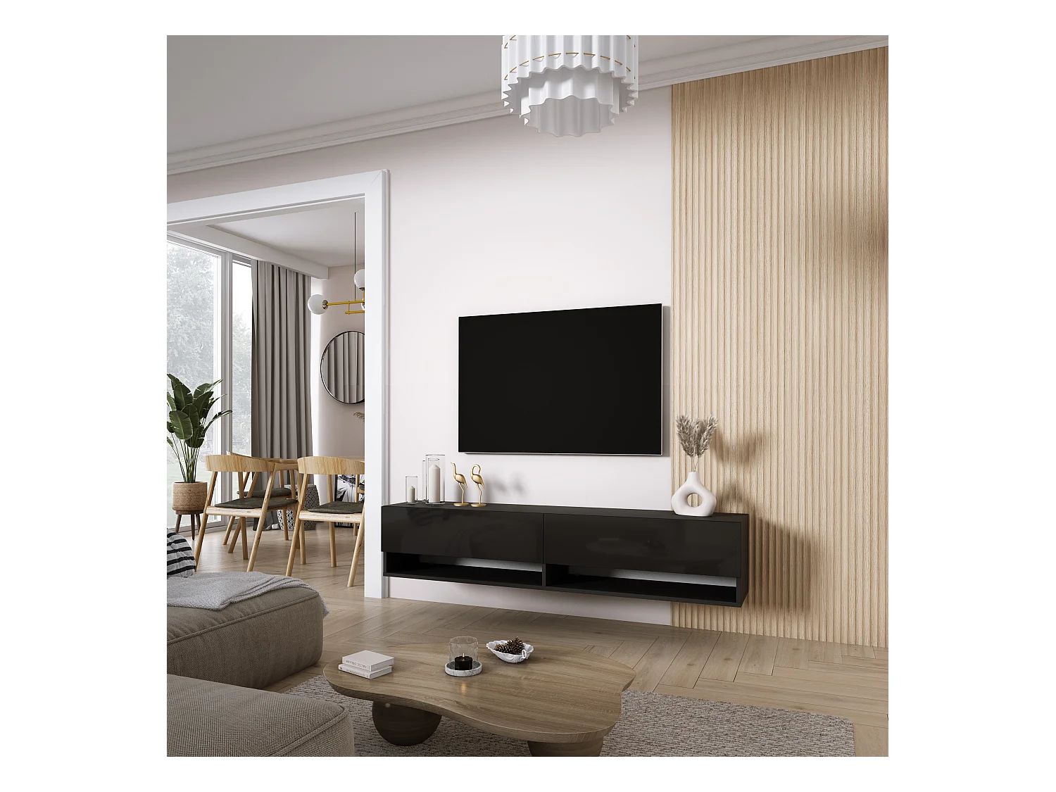 Meuble TV 170 cm Noir Mat / Noir Brillant, 170 x 32 x 34 cm
