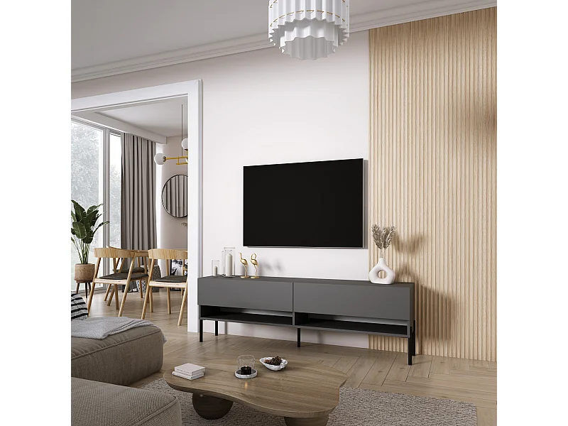 Meuble TV 170 cm Anthracite, pieds droits noirs, 170 x 32 x 52 cm