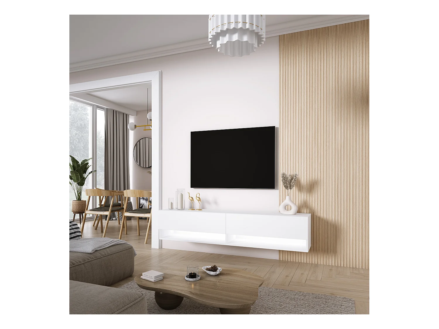 Meuble TV 170 cm Blanc Mat, LED blanc, 170 x 32 x 34 cm