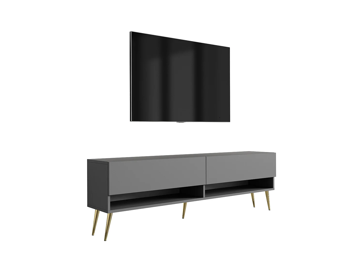 Meuble TV 170 cm Anthracite, pieds obliques dorés, 170 x 32 x 52 cm