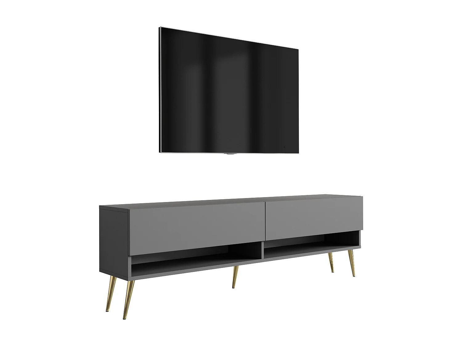 Meuble TV 170 cm Anthracite, pieds obliques dorés, 170 x 32 x 52 cm