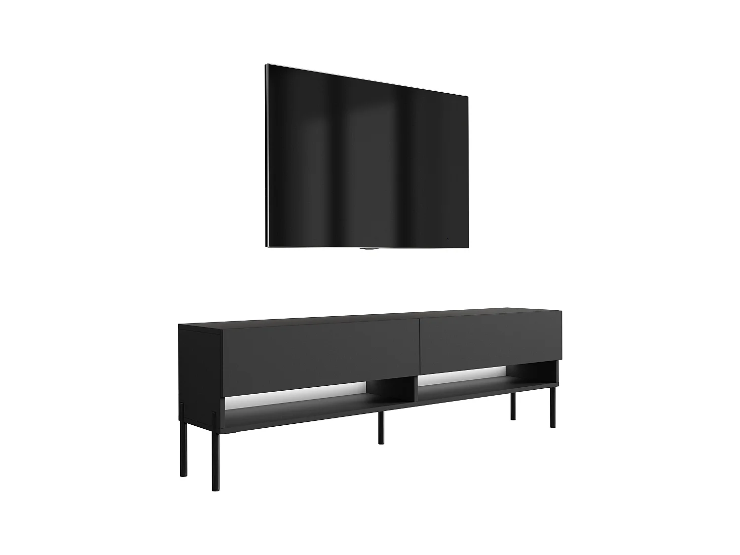 Meuble TV 170 cm Noir Mat, pieds droits noirs, LED blanche, 170 x 32 x 52 cm