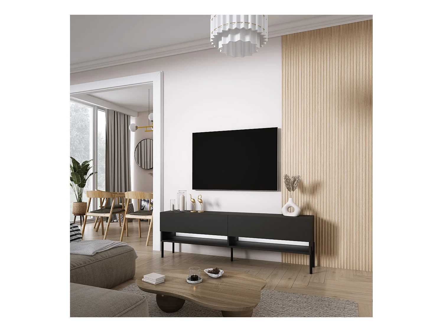 TV-Lowboard 170 cm Mattschwarz, gerade schwarze Beine, weiße LED, 170 × 32 × 52 cm