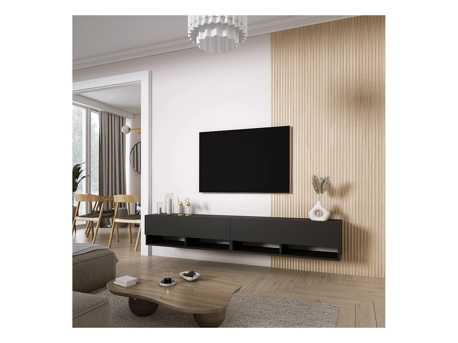 Meuble TV 200 (2 x 100) cm Noir Mat, 200 x 32 x 52 cm