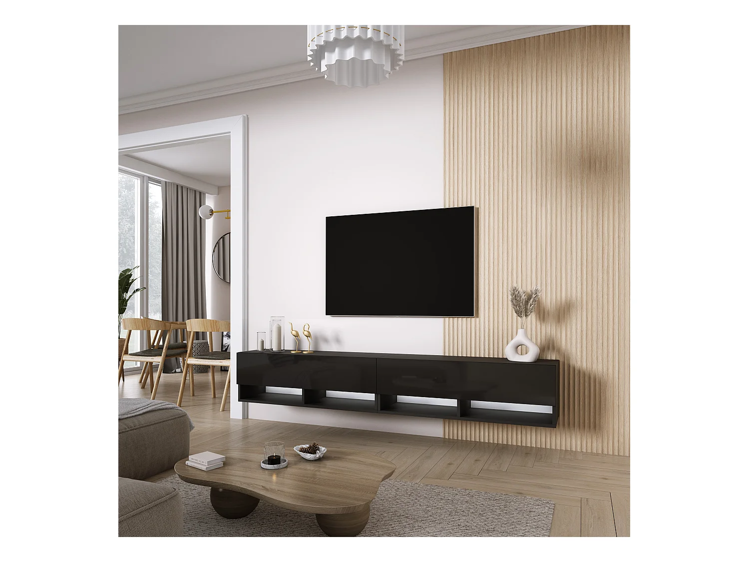 Meuble TV 200 (2 x 100) cm Noir Mat / Noir Brillant, LED blanche, 200 x 32 x 52 cm