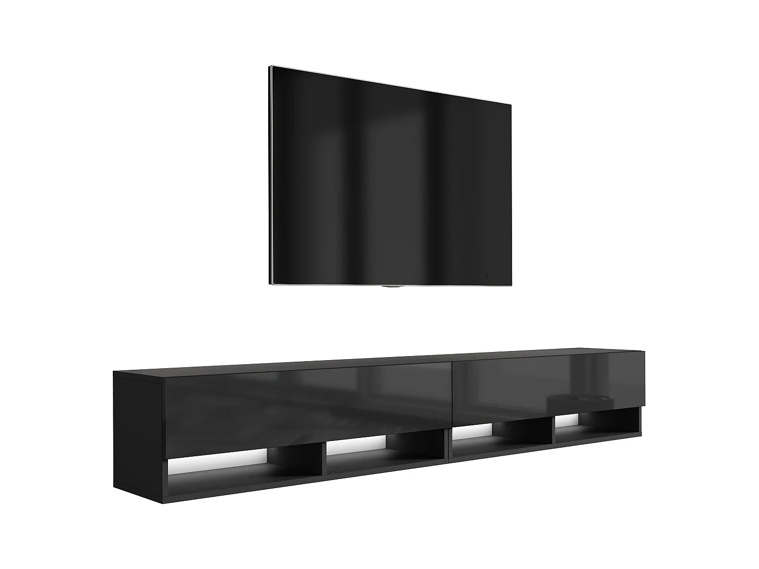 Meuble TV 200 (2 x 100) cm Noir Mat / Noir Brillant, LED blanche, 200 x 32 x 52 cm