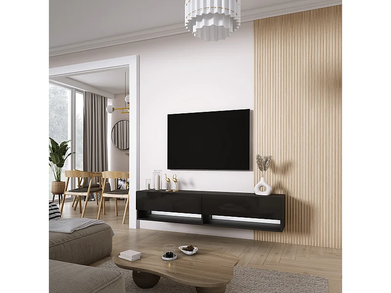 Meuble TV 170 cm Noir Mat / Noir Brillant, LED blanche, 170 x 32 x 34 cm