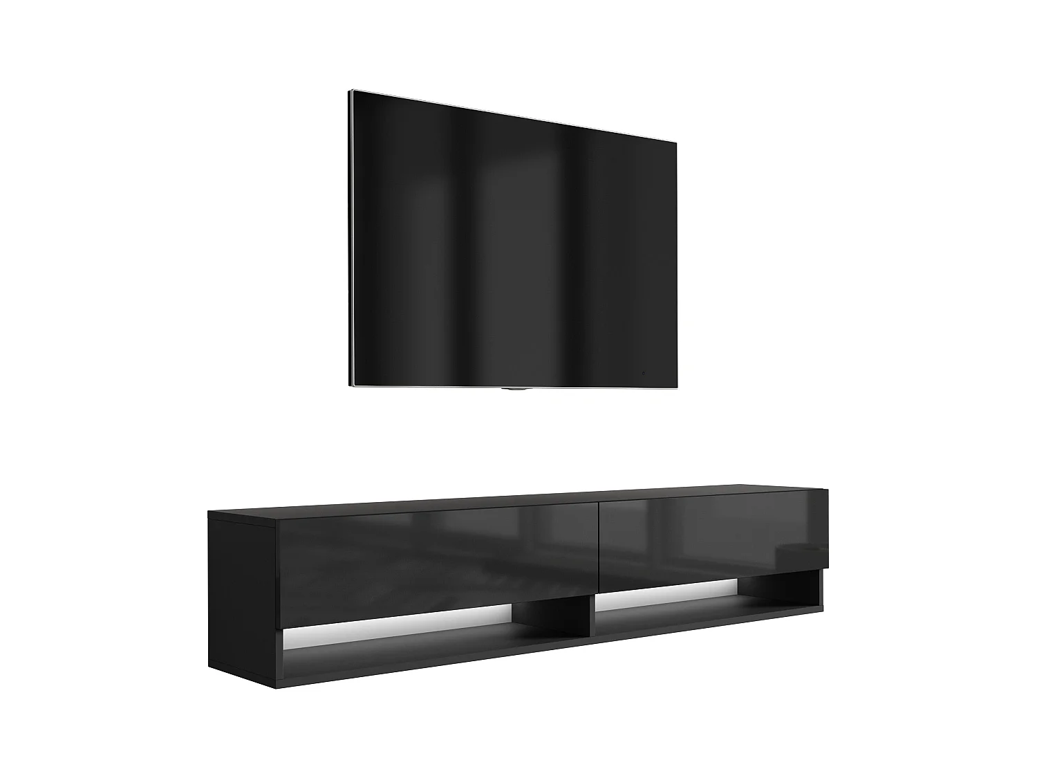 Meuble TV 170 cm Noir Mat / Noir Brillant, LED blanche, 170 x 32 x 34 cm