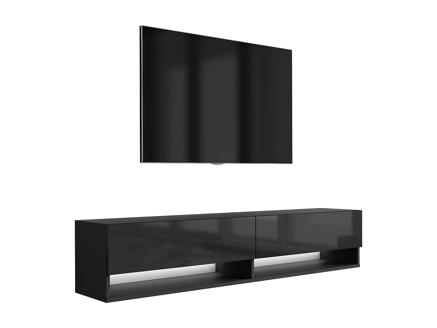Meuble TV 170 cm Noir Mat / Noir Brillant, LED blanche, 170 x 32 x 34 cm