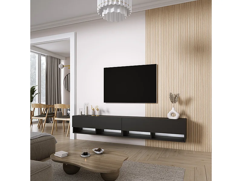 Meuble TV 200 (2 x 100) cm Noir mat, LED blanc, 200 x 32 x 52 cm