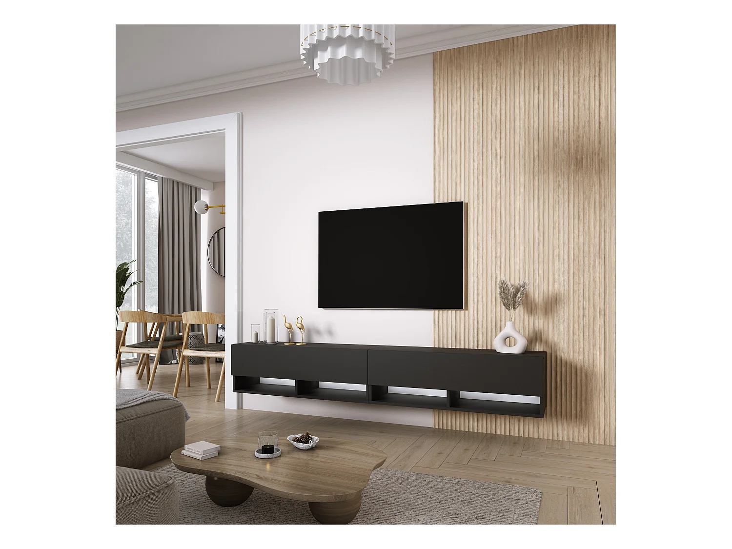 Meuble TV 200 (2 x 100) cm Noir mat, LED blanc, 200 x 32 x 52 cm