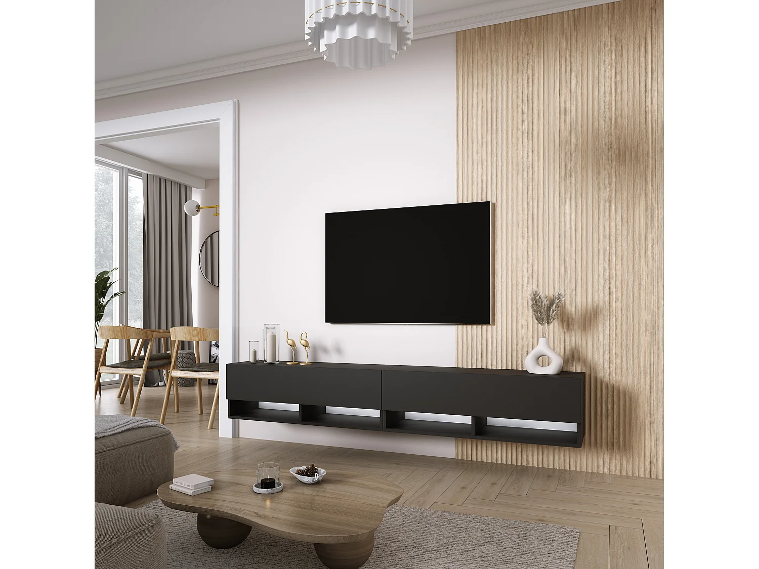Meuble TV 200 (2 x 100) cm Noir mat, LED blanc, 200 x 32 x 52 cm
