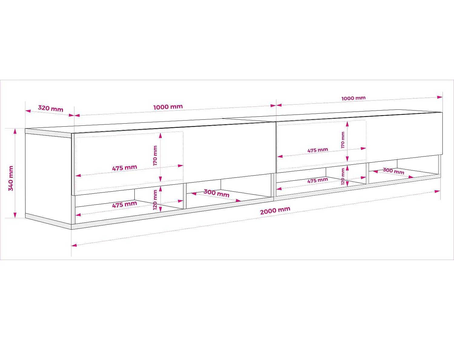 Meuble TV 200 (2 x 100) cm Noir mat, LED blanc, 200 x 32 x 52 cm