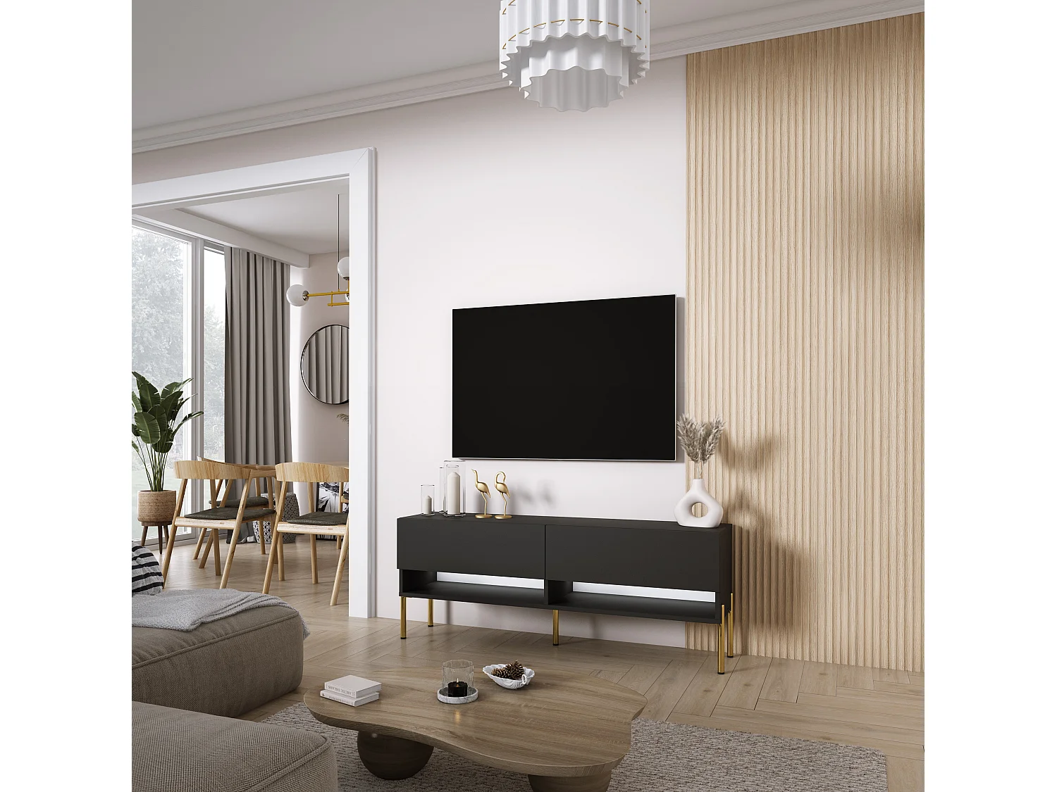 Meuble TV 140 cm Noir Mat, pieds droits dorés, LED blanche, 140 x 32 x 52 cm