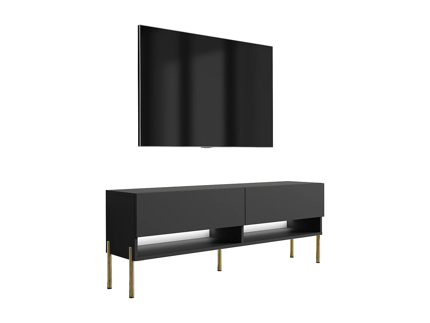 Meuble TV 140 cm Noir Mat, pieds droits dorés, LED blanche, 140 x 32 x 52 cm