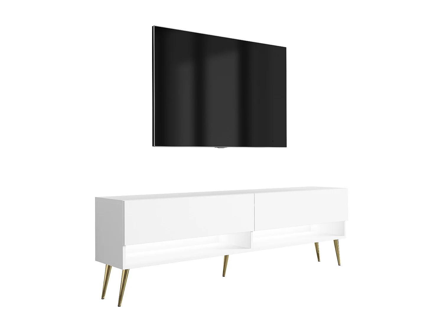 Meuble TV 170 cm Blanc Mat, pieds obliques dorés, LED blanche, 170 x 32 x 52 cm