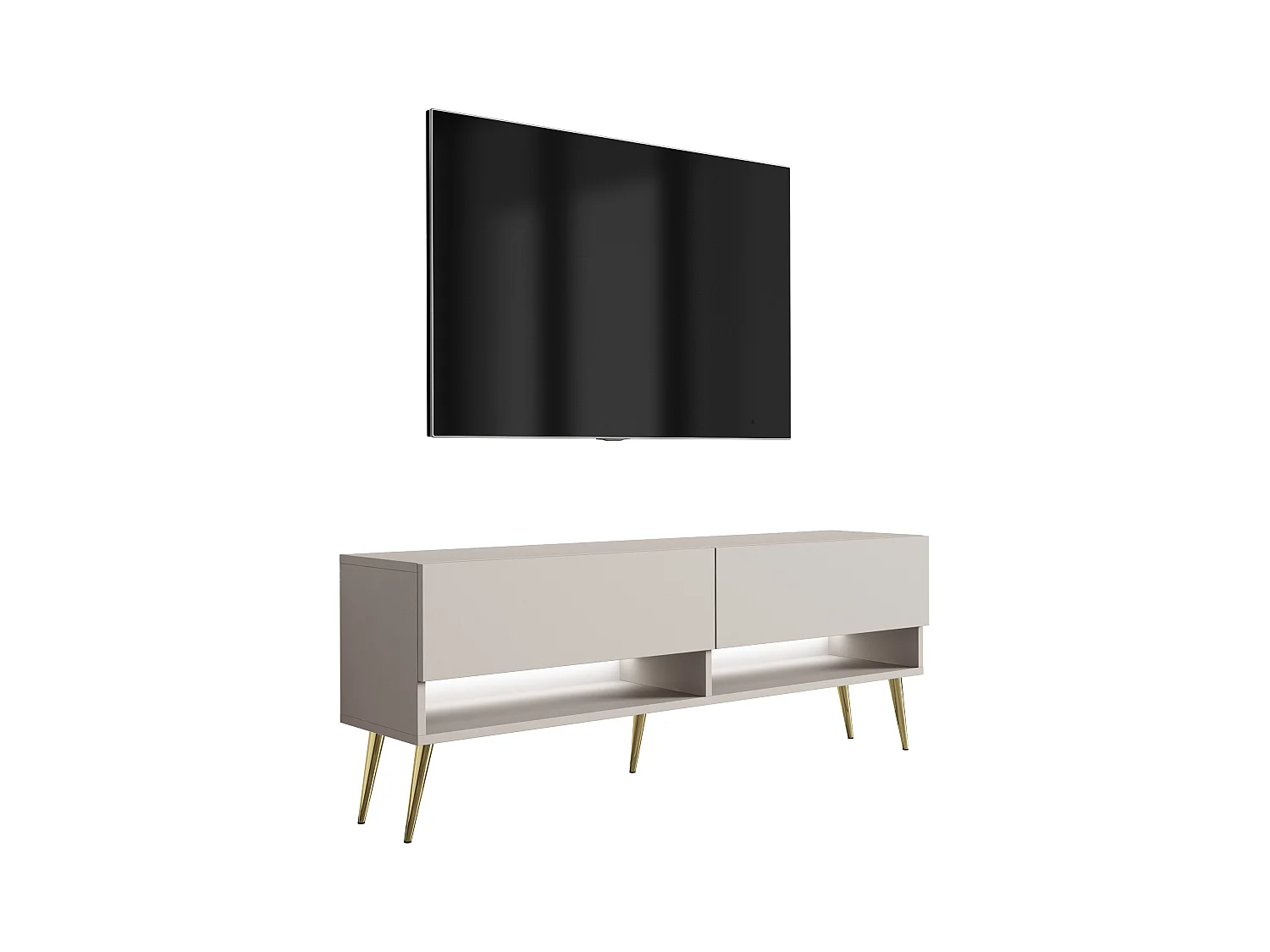 Meuble TV 140 cm Cachemire, pieds obliques dorés, LED blanche, 140 x 32 x 52 cm