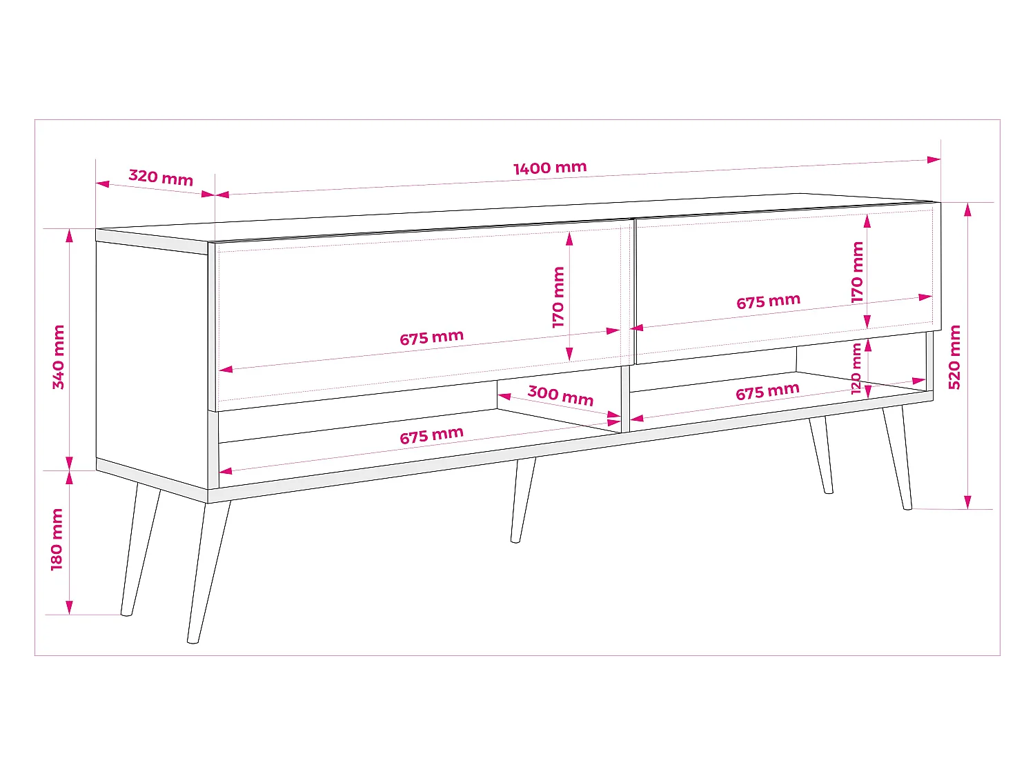 Meuble TV 140 cm Cachemire, pieds obliques dorés, LED blanche, 140 x 32 x 52 cm