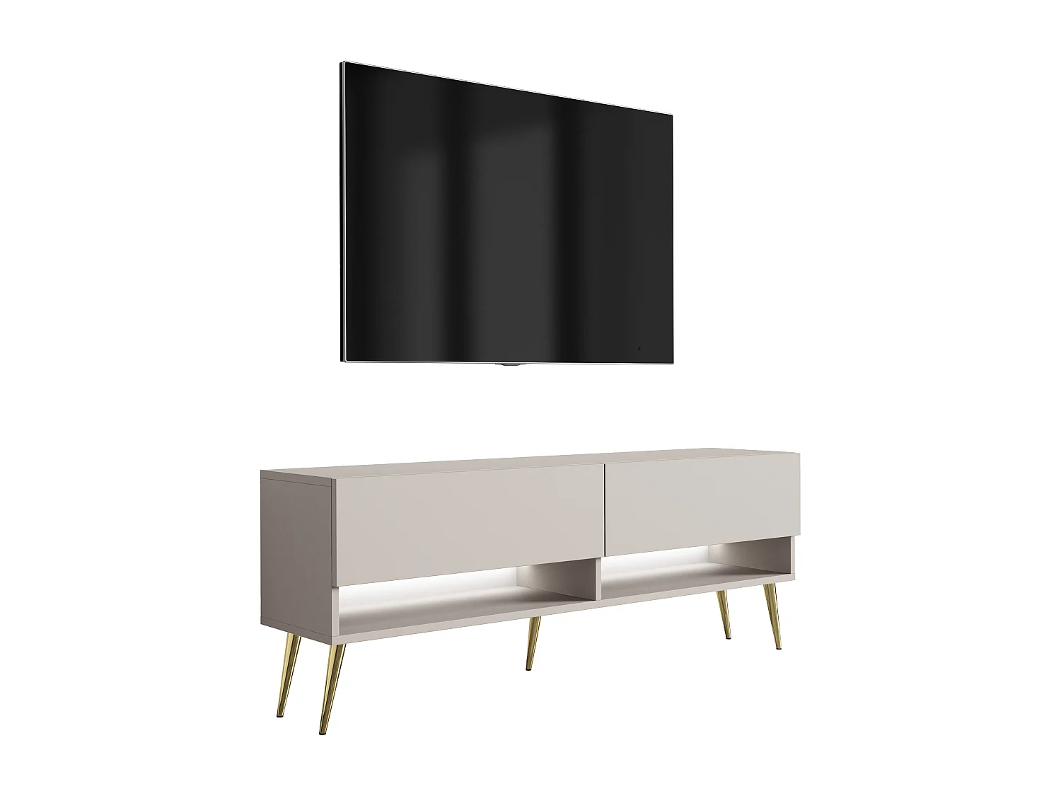 Meuble TV 140 cm Cachemire, pieds obliques dorés, LED blanche, 140 x 32 x 52 cm