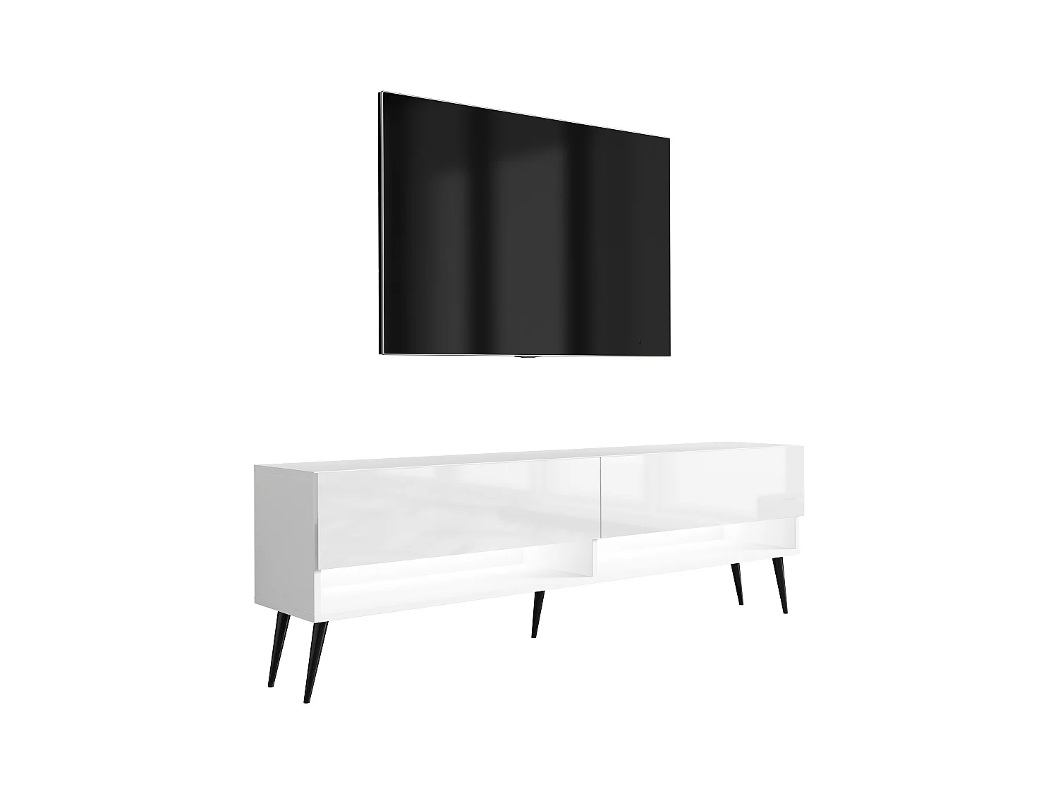 Meuble TV 170 cm Blanc Mat / Blanc Brillant, pieds obliques noirs, LED blanche, 170 x 32 x 52 cm