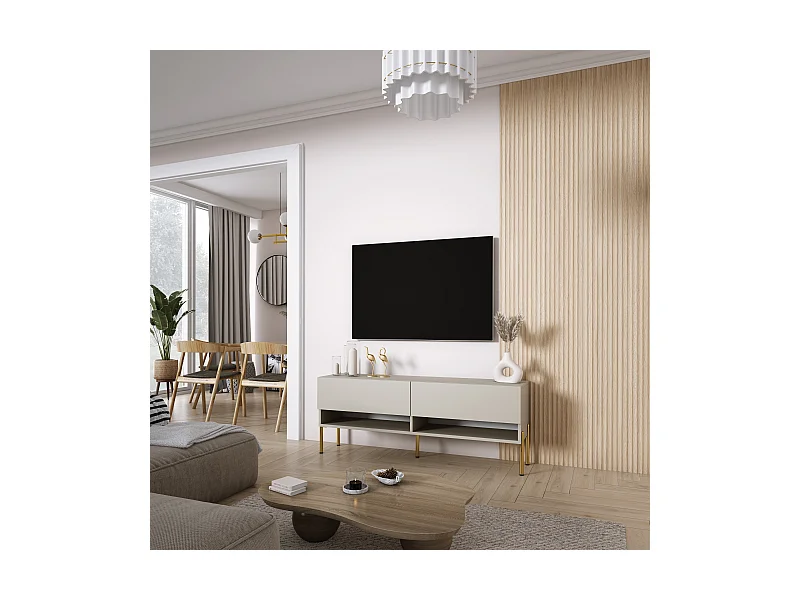 Meuble TV 140 cm Cachemire, pieds droits dorés, 140 x 32 x 52 cm