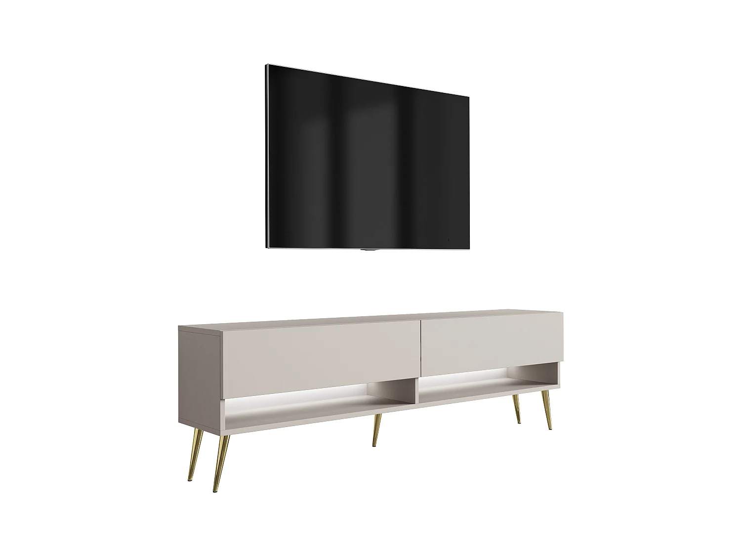 Meuble TV 170 cm Cachemire, pieds obliques dorés, LED blanche, 170 x 32 x 52 cm