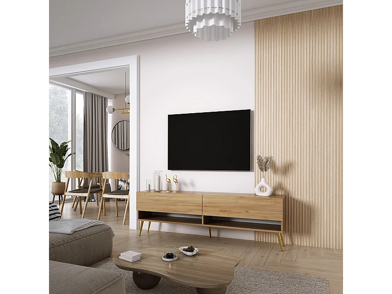 Meuble TV 170 cm Chêne Craft, pieds obliques dorés, 170 x 32 x 52 cm