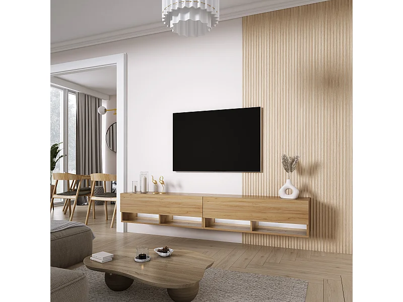 Meuble TV 200 (2 x 100) cm Chêne Craft, LED blanc, 200 x 32 x 52 cm