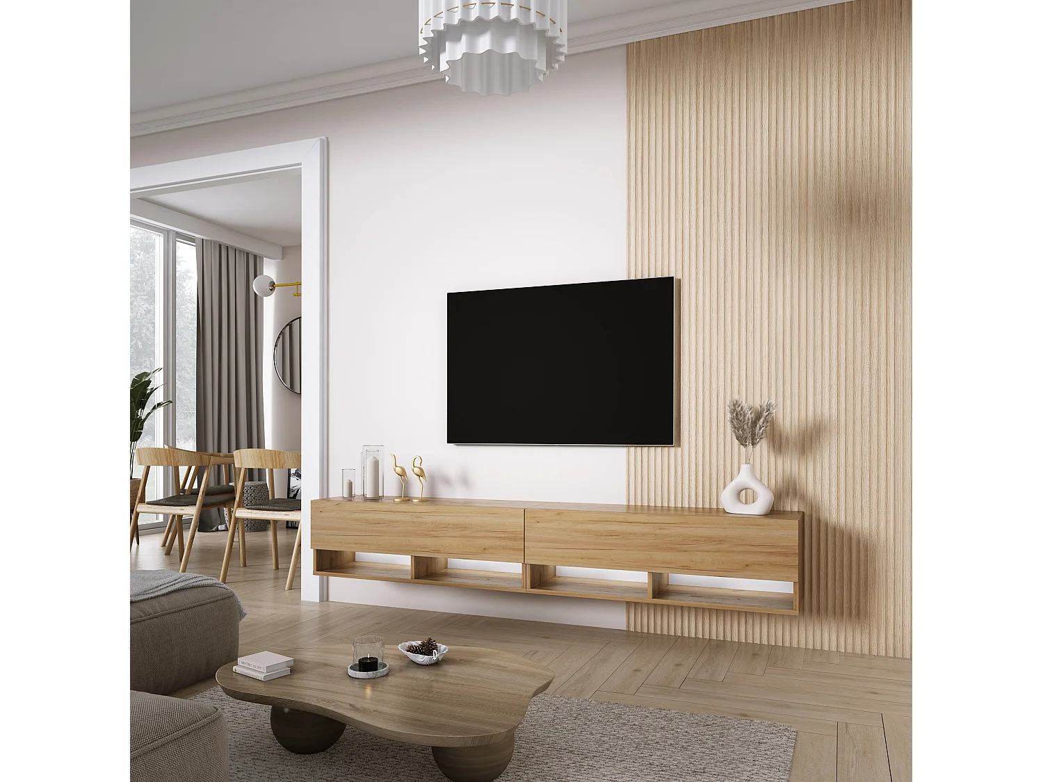 Meuble TV 200 (2 x 100) cm Chêne Craft, LED blanc, 200 x 32 x 52 cm