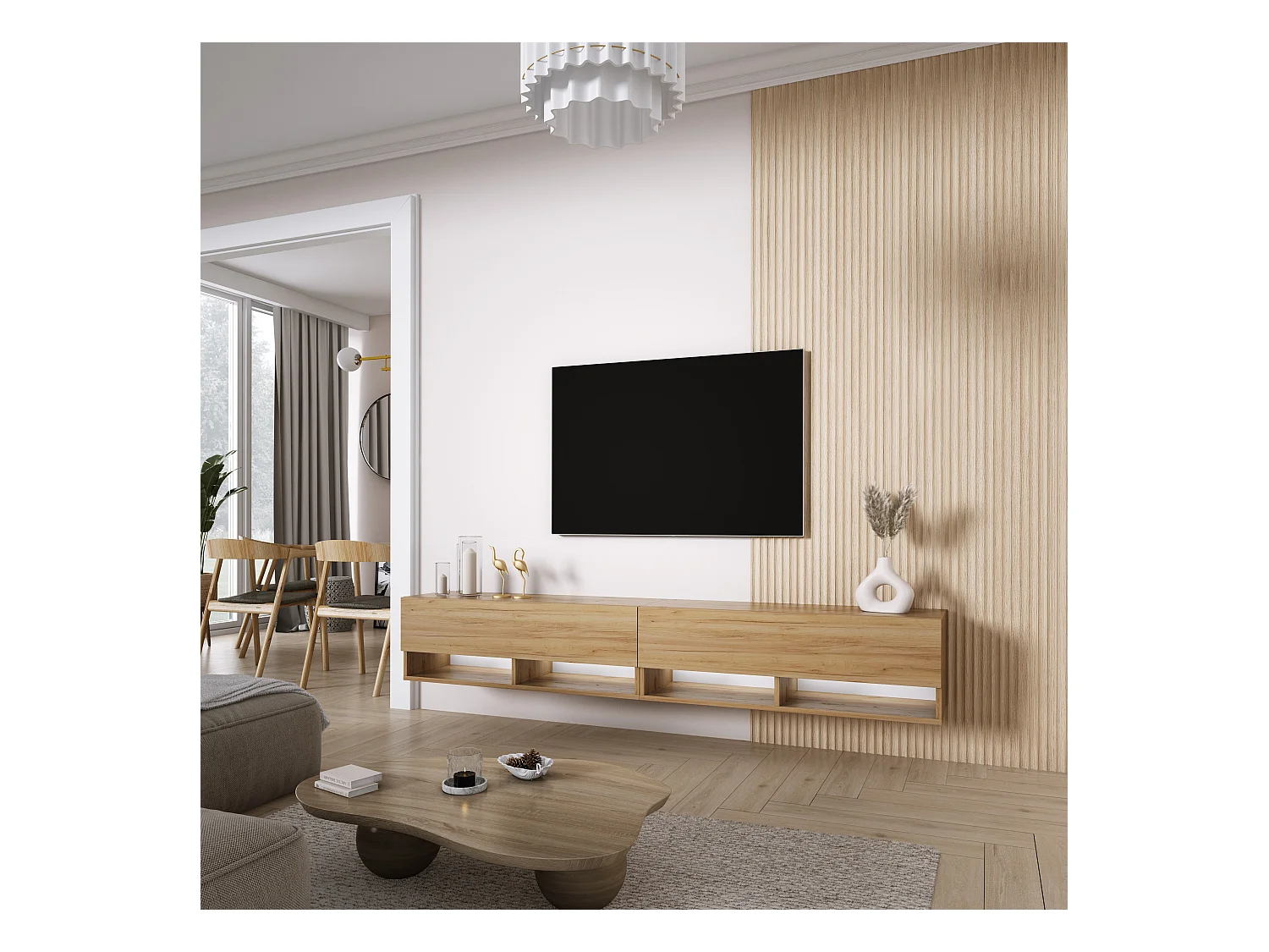 TV-Lowboard 200 (2 x 100) cm Eiche Craft, weiße LED, 200 × 32 × 34 cm