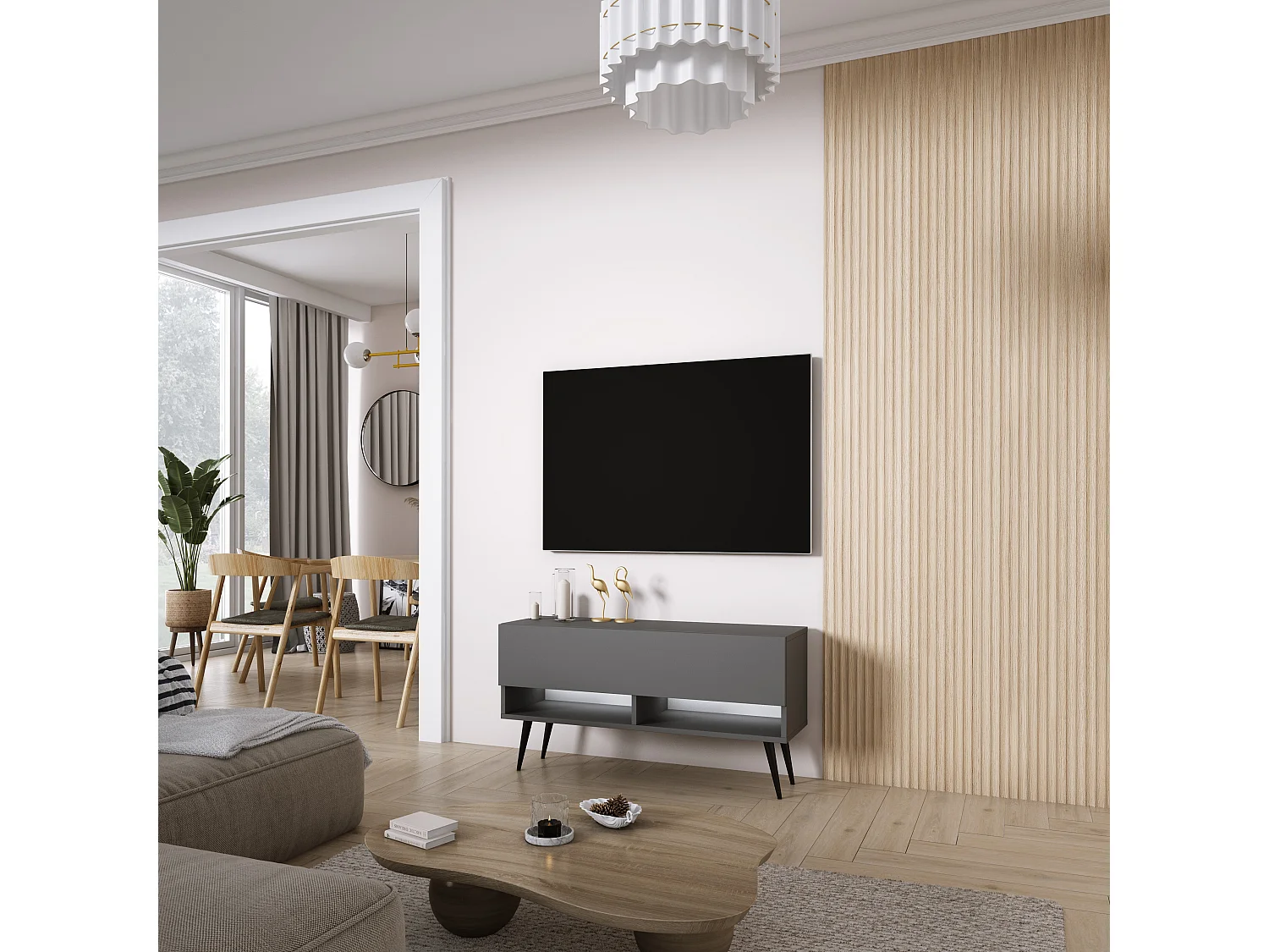 Meuble TV 100 cm Anthracite, pieds obliques noirs, LED blanche, 100 x 32 x 52 cm