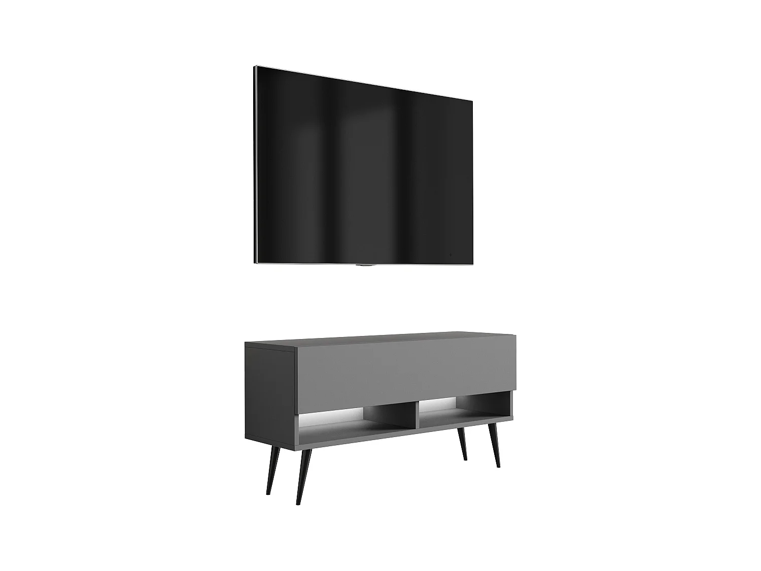 Meuble TV 100 cm Anthracite, pieds obliques noirs, LED blanche, 100 x 32 x 52 cm
