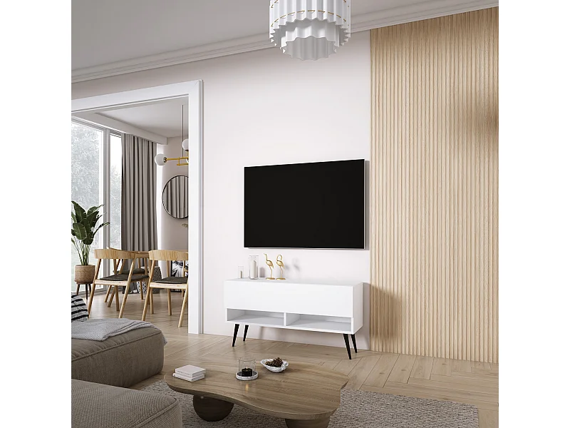 Meuble TV 100 cm Blanc Mat, pieds obliques noirs, 100 x 32 x 52 cm