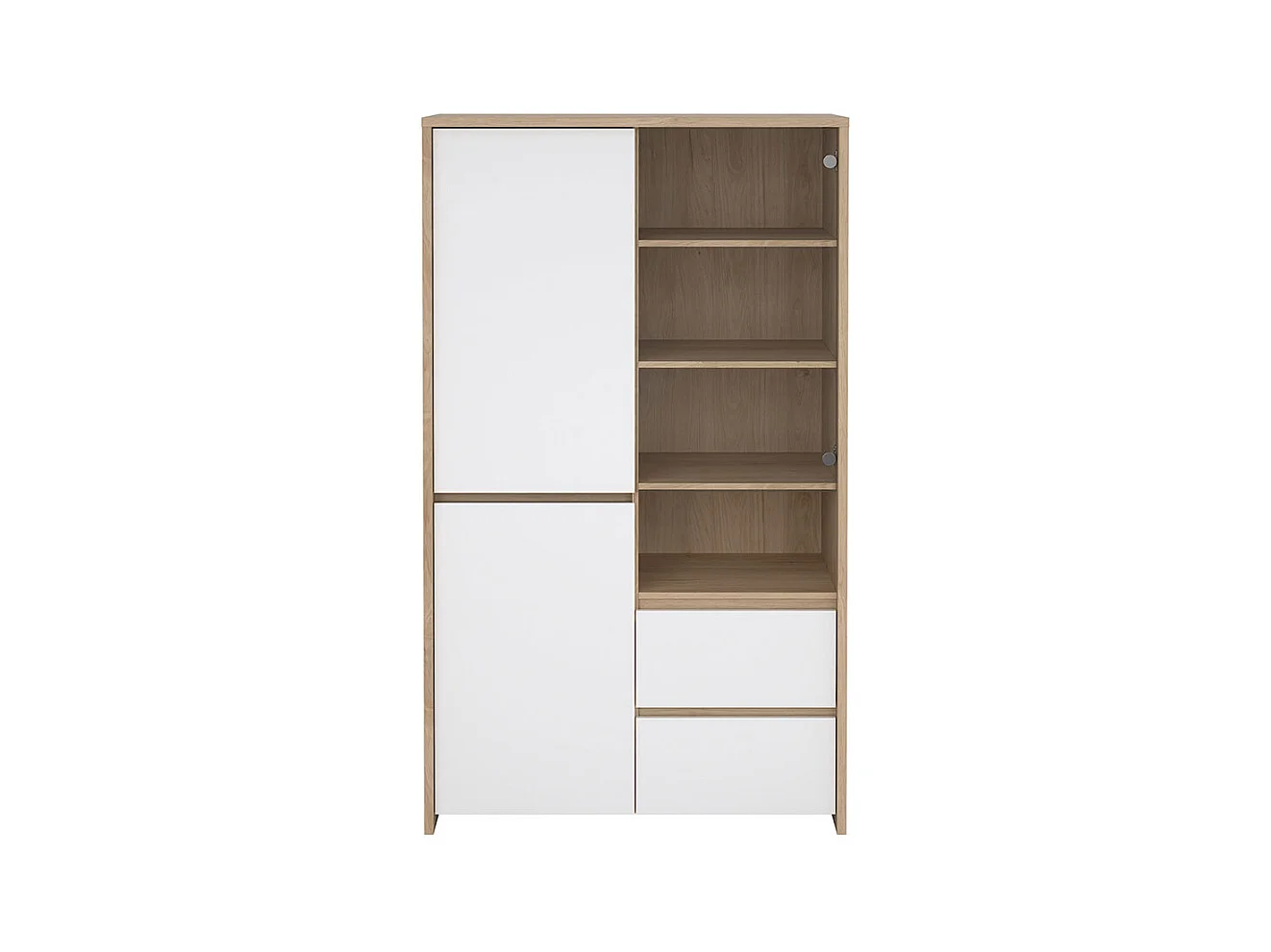 Next Vitrinenschrank 3 Türen, 2 Schubladen, 1 Ablage Eichen-Dekor, weiß hochglanz.