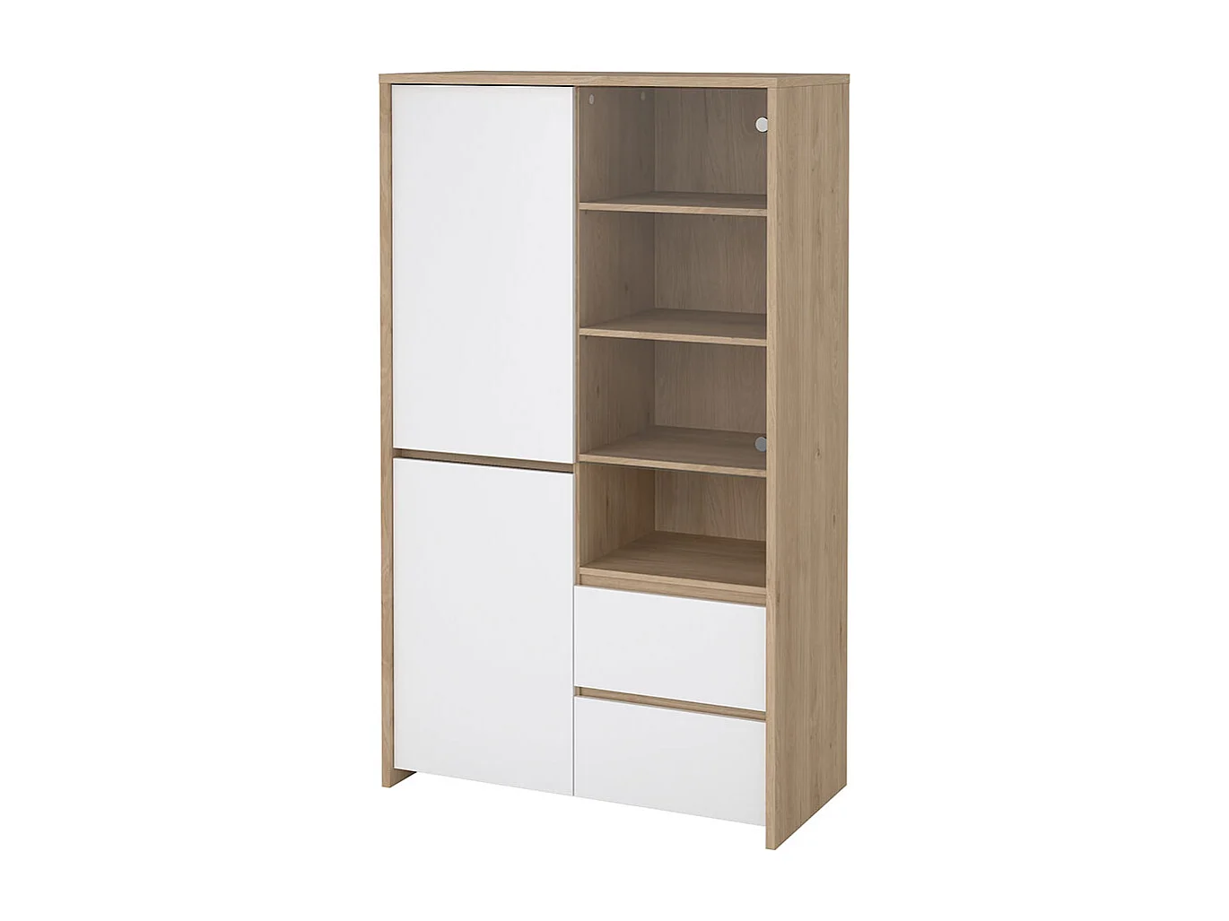 Next Vitrinenschrank 3 Türen, 2 Schubladen, 1 Ablage Eichen-Dekor, weiß hochglanz.