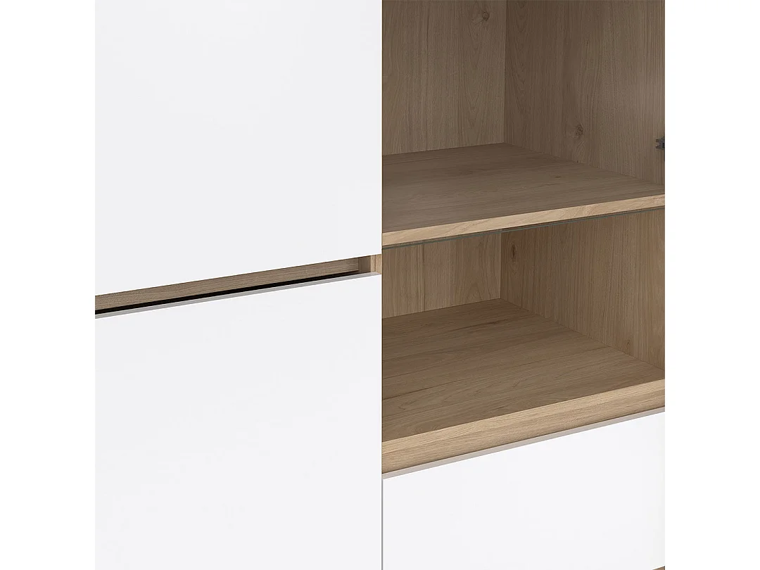 Next Vitrinenschrank 3 Türen, 2 Schubladen, 1 Ablage Eichen-Dekor, weiß hochglanz.