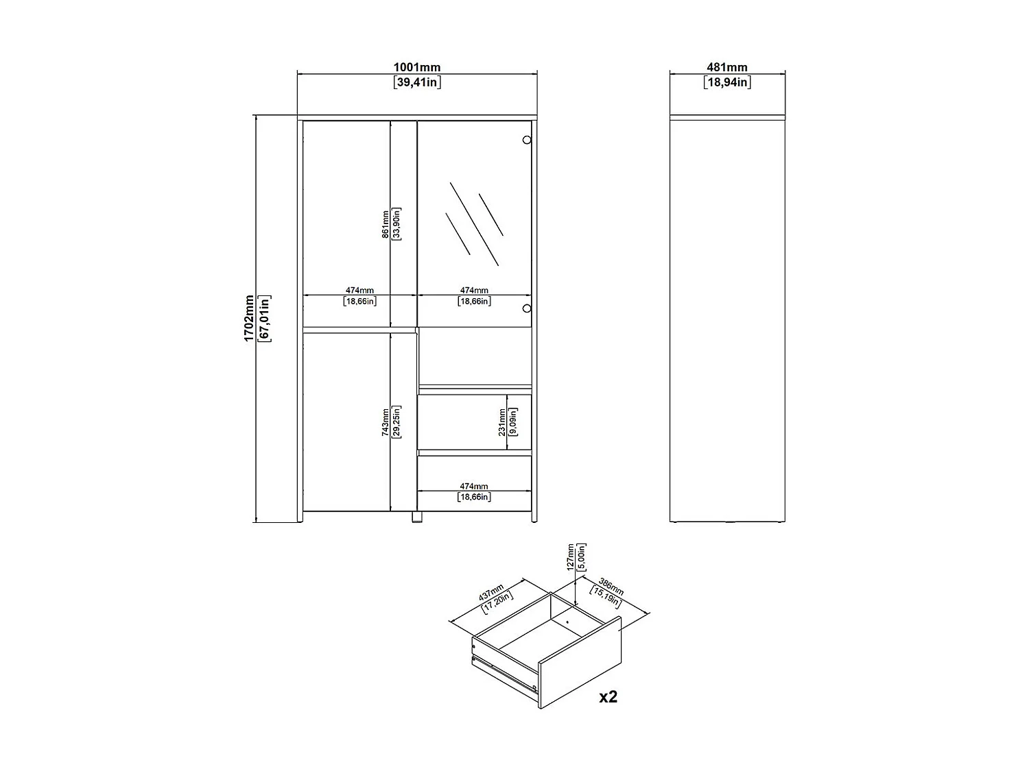 Next Vitrinenschrank 3 Türen, 2 Schubladen, 1 Ablage Eichen-Dekor, weiß hochglanz.