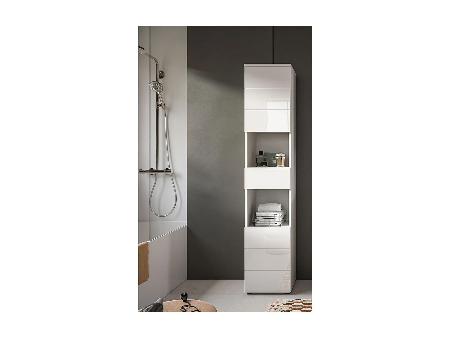 Vira Hochschrank Bad 1 Schublade 2 Türen 2 Fächer weiß Hochglanz, weiß.