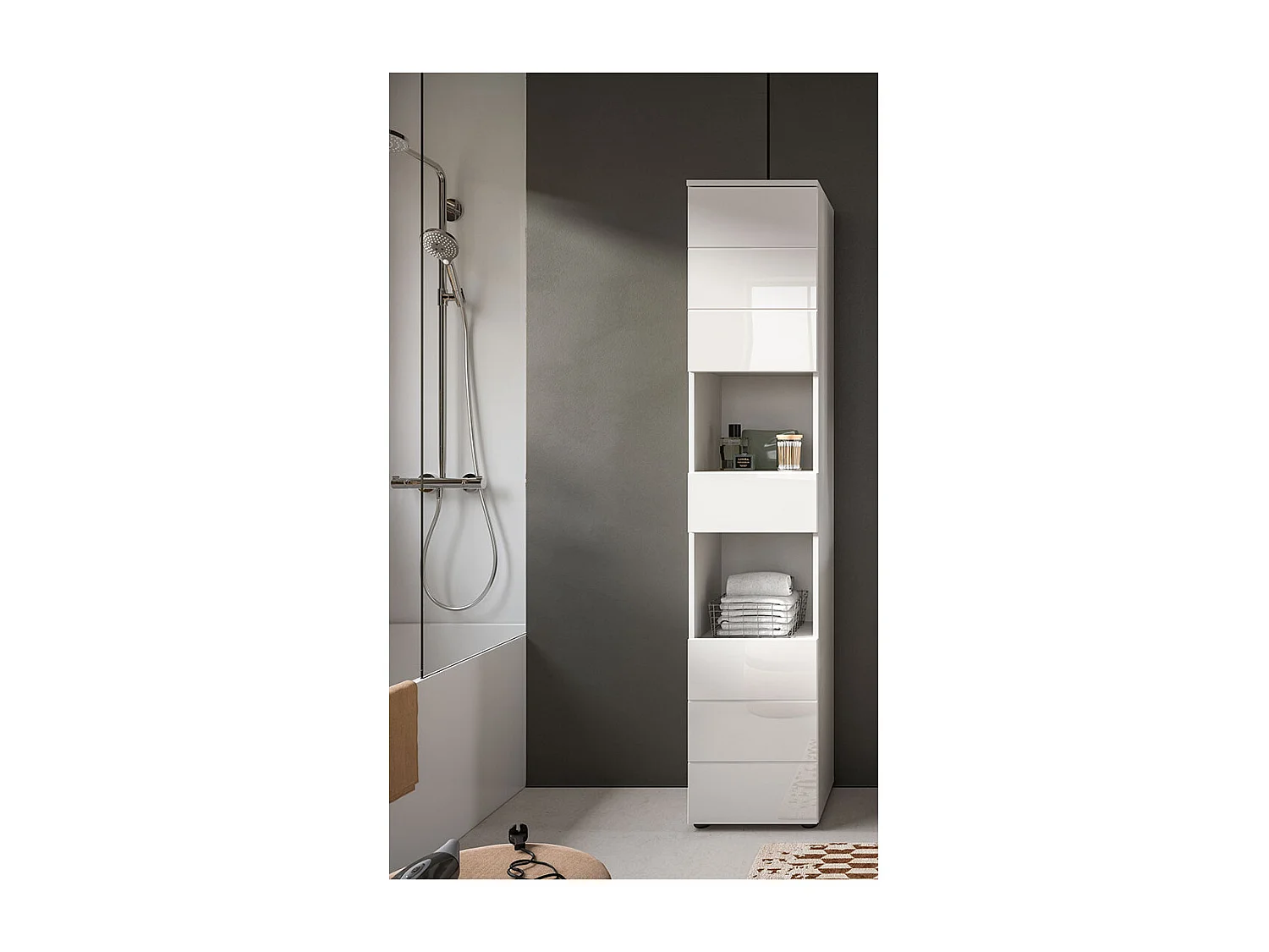 Vira Hochschrank Bad 1 Schublade 2 Türen 2 Fächer weiß Hochglanz, weiß.