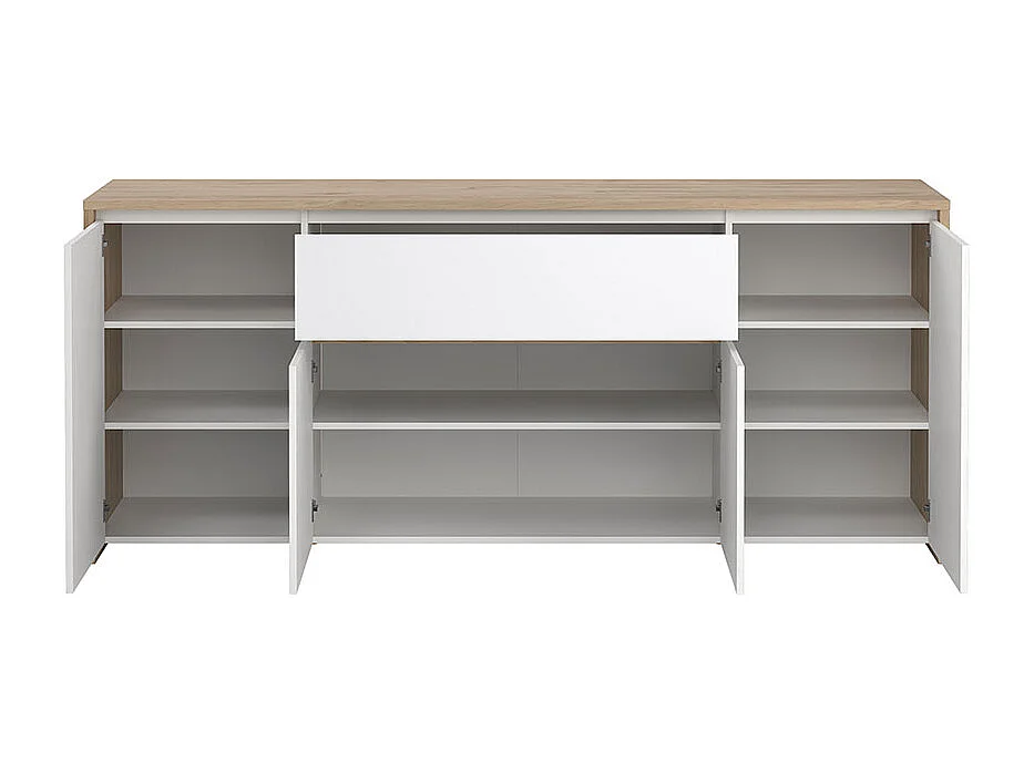 Next Sideboard 4 Türen, 1 Schublade Eichen-Dekor, weiß hochglanz.