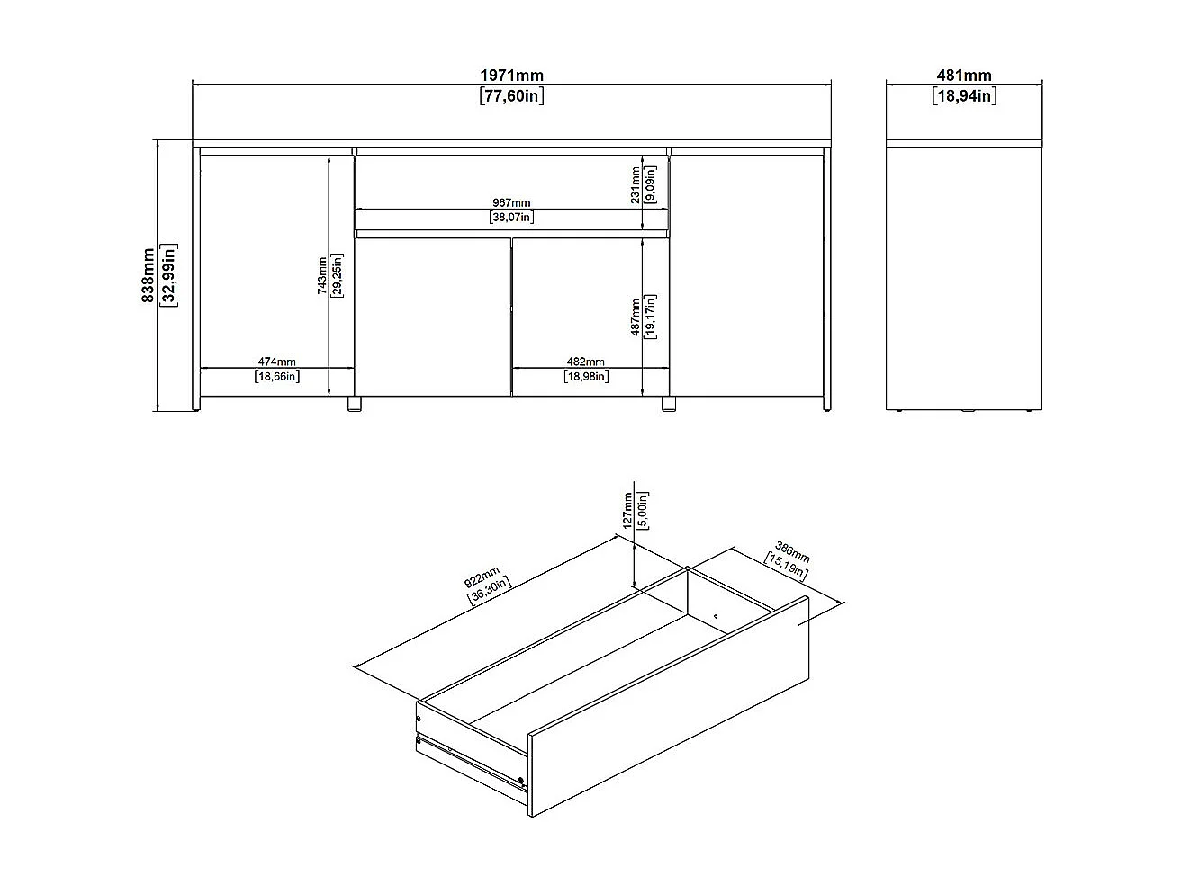 Next Sideboard 4 Türen, 1 Schublade Eichen-Dekor, weiß hochglanz.