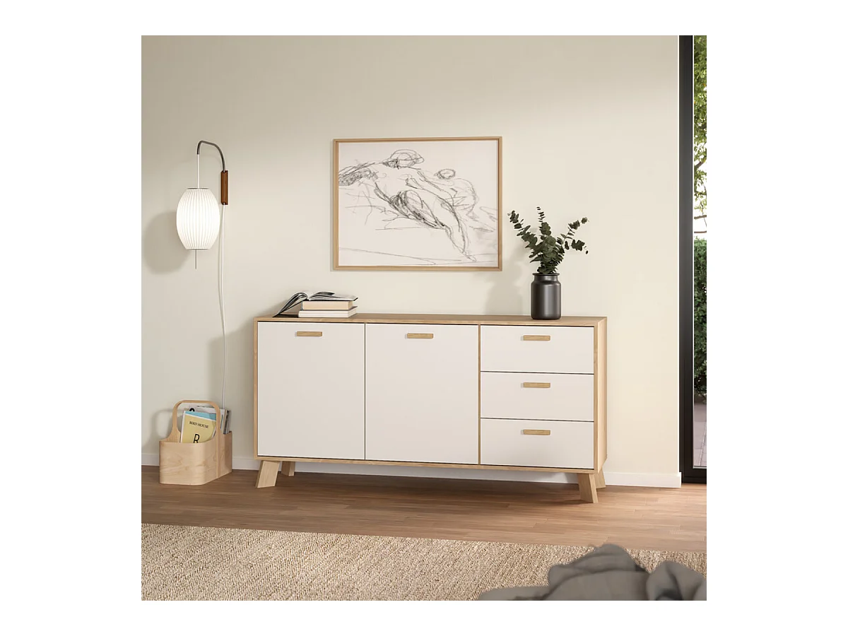 Buffet 2 portes, 3 tiroirs décor chêne et blanc L147,2 cm - STORM