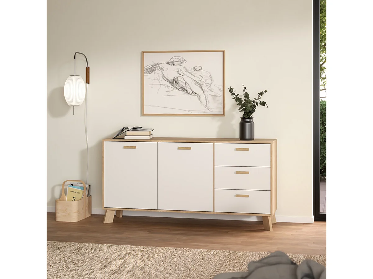 Ikast Sideboard 2 Türen, 3 Schubladen Eichen-Dekor, weiß.